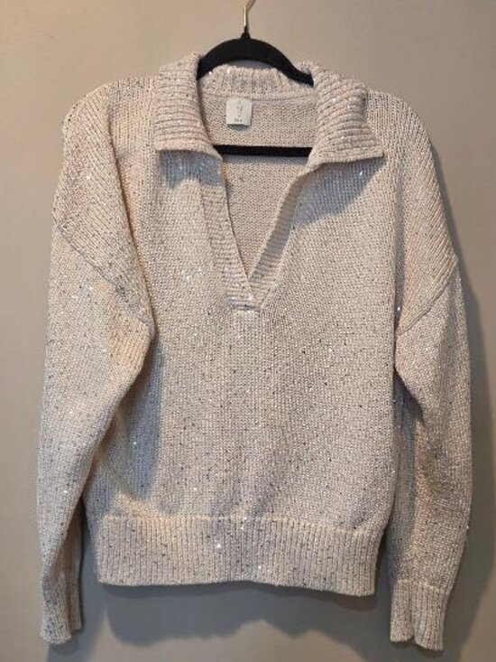 J. Crew Sweaters - J. Crew Sequin Polo Sweater Cream Collared Knit V-neck (Joie Neck Tag Error)
